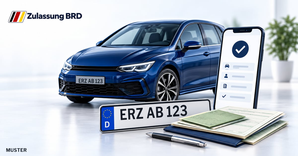 Online Fahrzeugzulassung in Erzgebirgskreis: Musterkennzeichen ERZ AB 123, Auto und Fahrzeugpapiere und Smartphone. Illustration mit Logo von Zulassung BRD.